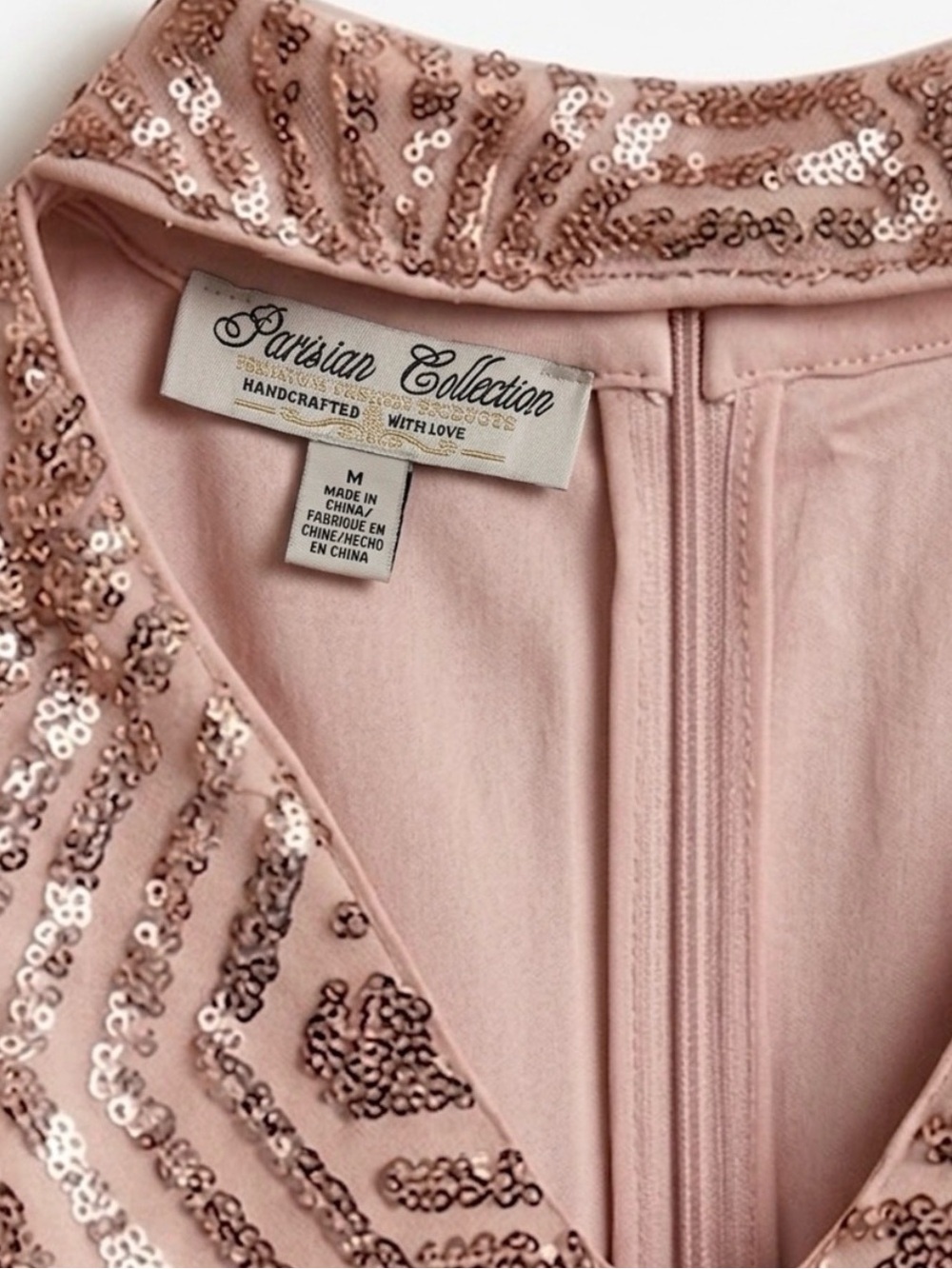 Rose Gold Sequin Baby Pink Long Sleeve Choker Collar Party Dress